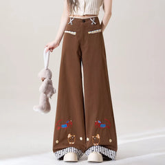 Printed Flare Work Pants | High Waist Cartoon Embroidery Washed Cotton Wide Flare Casual Trousers