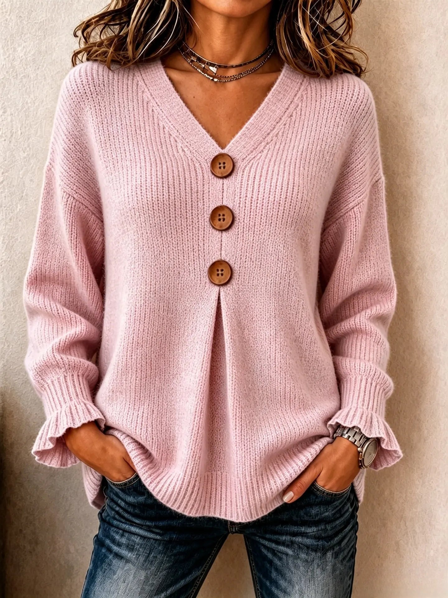 V‑Neck Button Detail Pullover Sweater