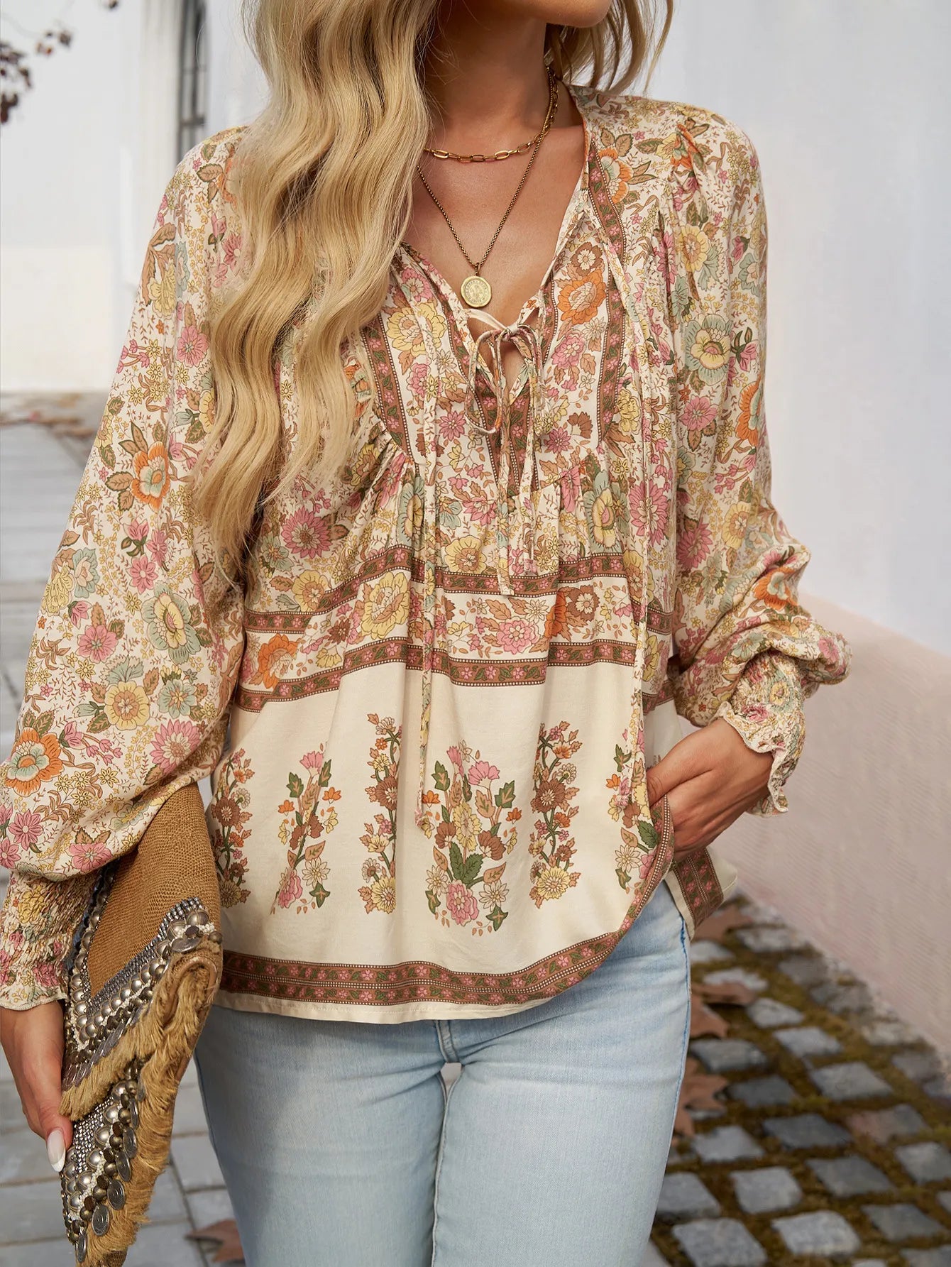 Boho Floral V-Neck Long Sleeve Loose Blouse