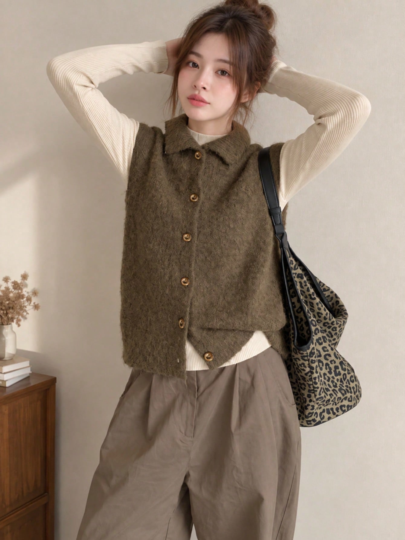 Brown Collared Button Knit Sweater Vest