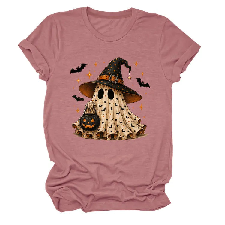 Halloween Ghost Witch Bat Print Crew Neck Short Sleeve T‑Shirt