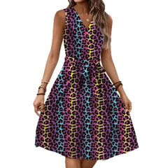 Colorful Leopard Print V-Neck Sleeveless Belted A-Line Midi Dress Casual Campus Daily Dress