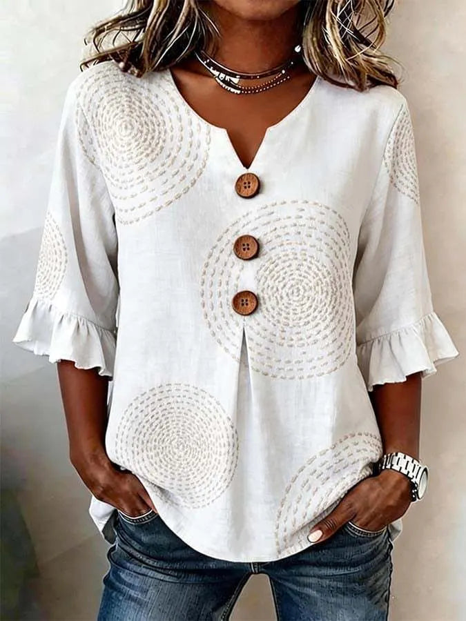 Round Neck Floral Printed Single Breasted 3/4 Ruffle Sleeve Loose Blouse