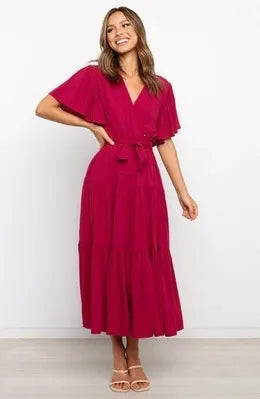 V Neck Flutter Short Sleeve Belted Tiered Maxi Swing Dress