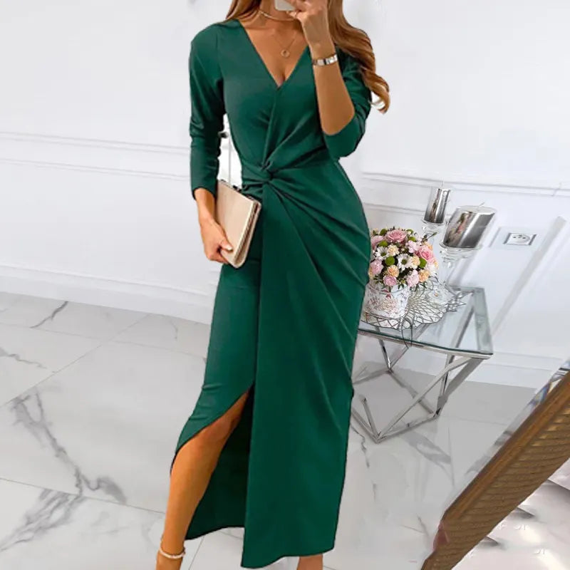 Wrap V Neck Knotted Maxi Dress