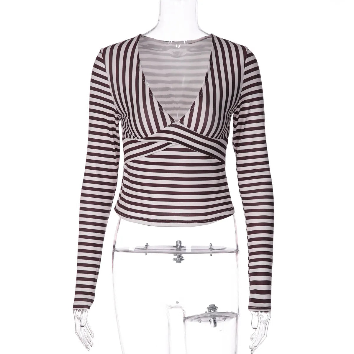 Striped Wrap V Neck Long Sleeve Crop Top, Slim Fit Y2K Going Out Tee