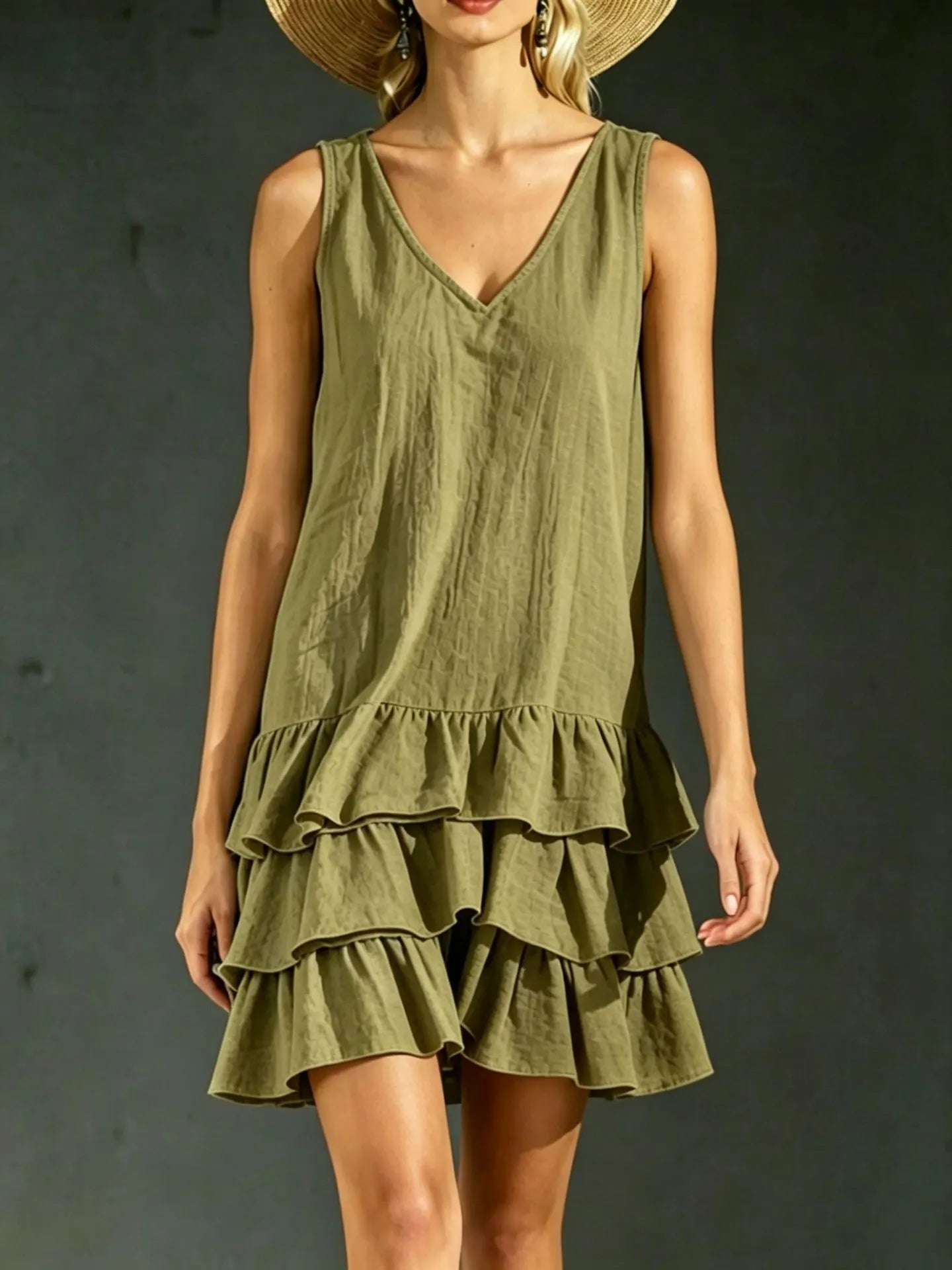 Solid V-Neck Sleeveless Layered Ruffle Spliced Straight Loose Mini Dress