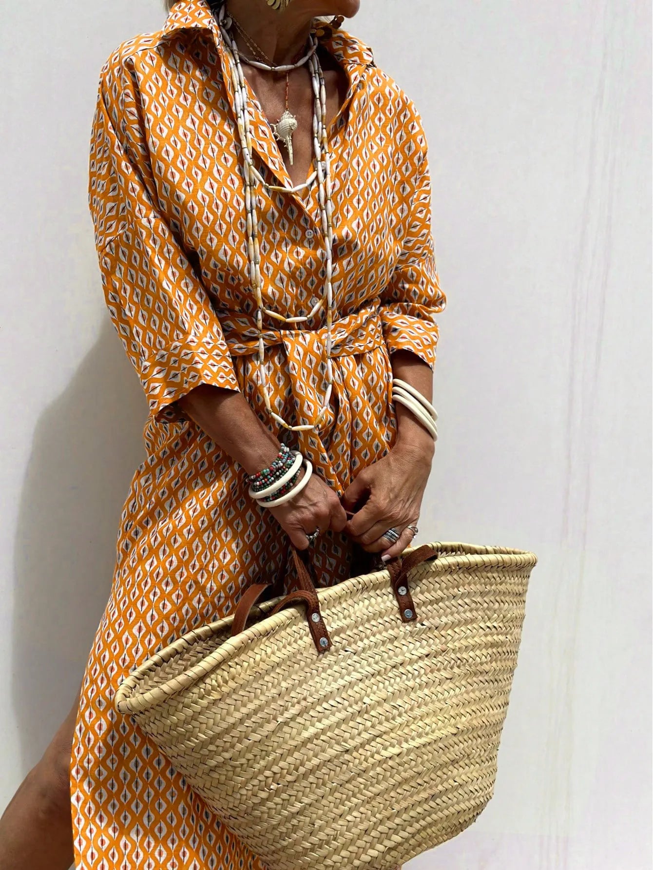 Lapel Five-Quarter Sleeve Printed Loose Maxi Dress Ethnic Travel Shirt Dress