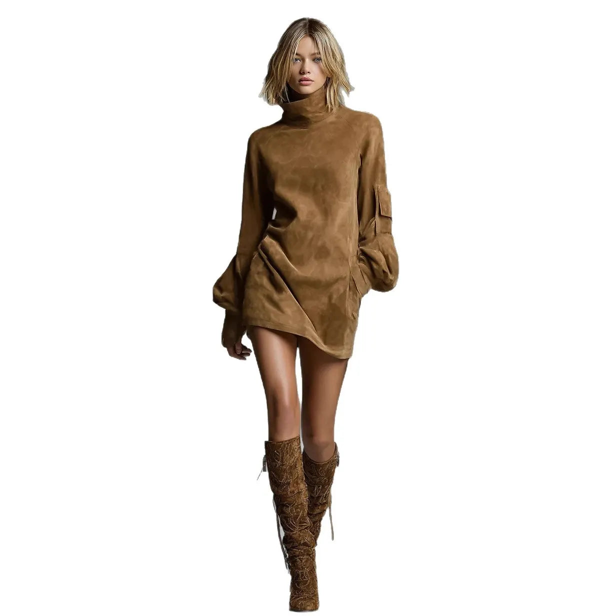 Retro Western Faux Suede Mini Dress High Neck Lantern Sleeve Cargo Pocket Loose Tunic Dress