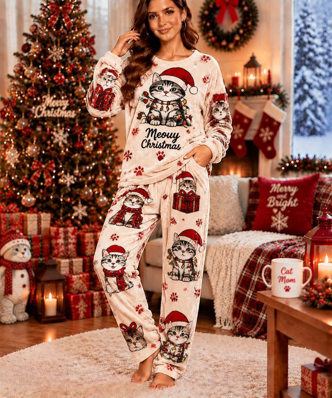 Cute Christmas Snowman Fleece Loungewear Set Round Neck Long Sleeve Top & Elastic Waist Full Length Pants