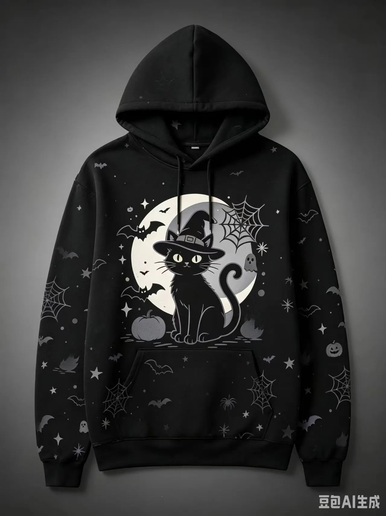 Halloween Black Cat Pumpkin Bat Moon Graphic Hoodie