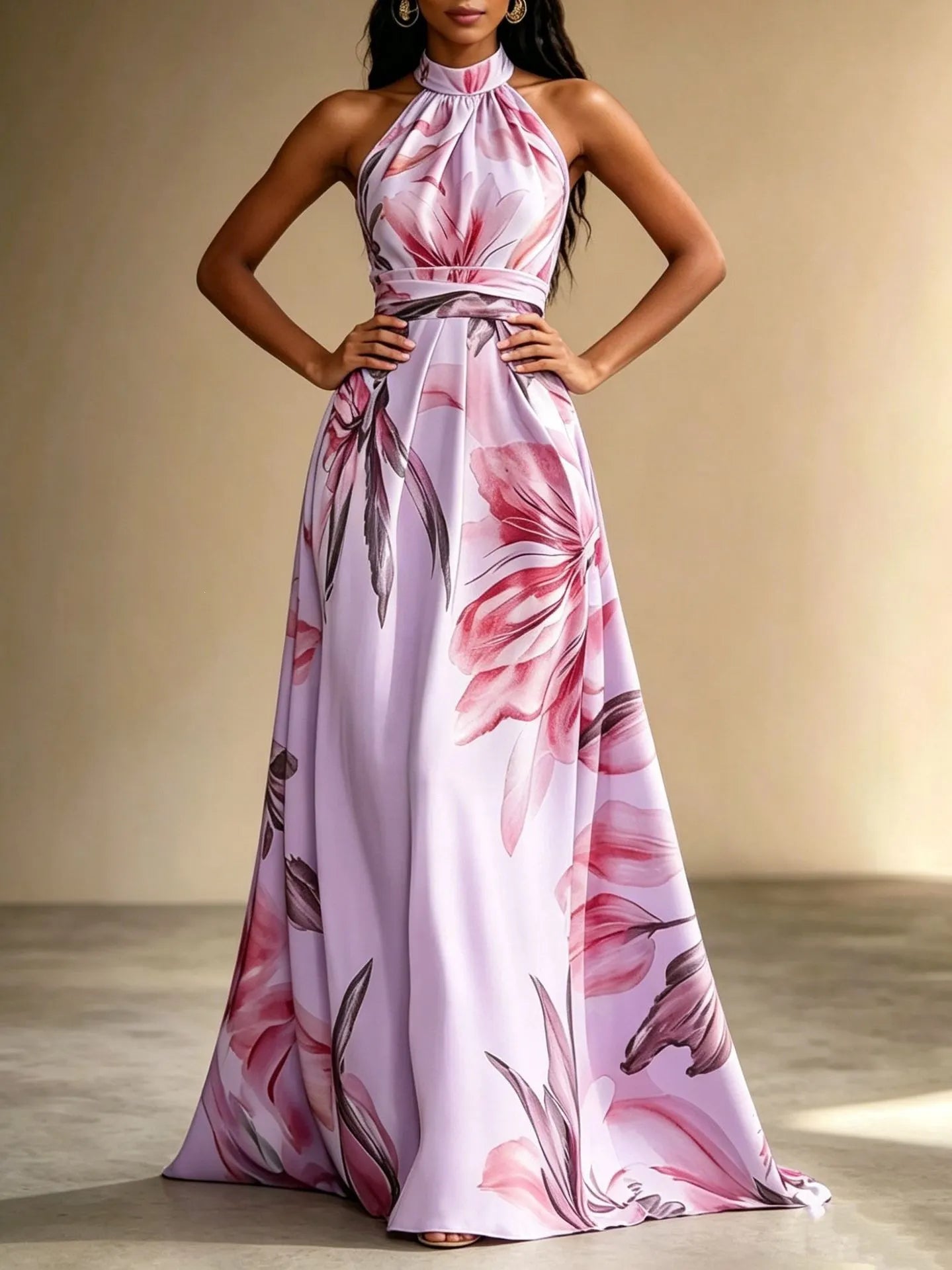 Floral Print Halter Neck High Waist Flowy Maxi Dress