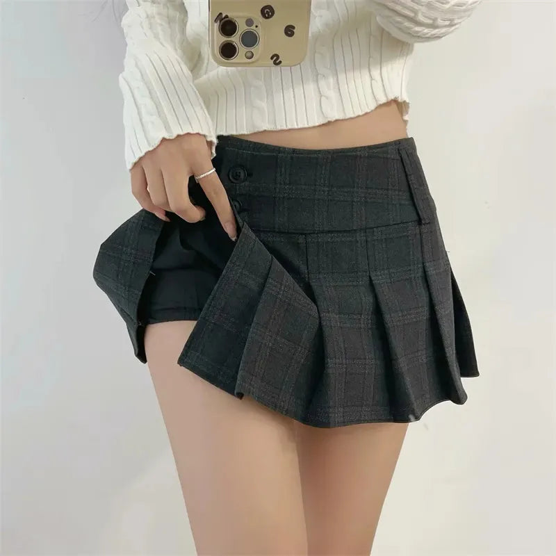 Safety Shorts Lined Button Detail Plaid Pleated Skirt High Waist Casual Mini Skirt