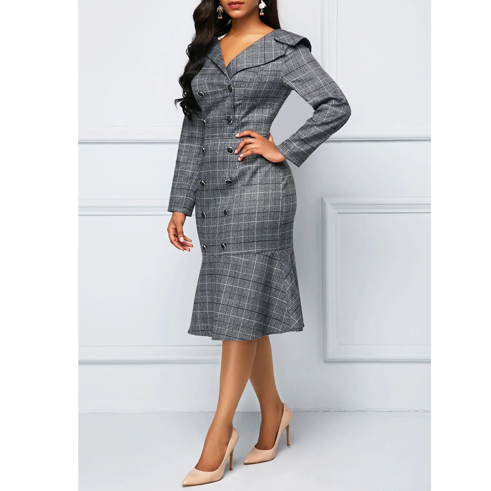 laid Double Breasted Ruffle Hem Midi Dress