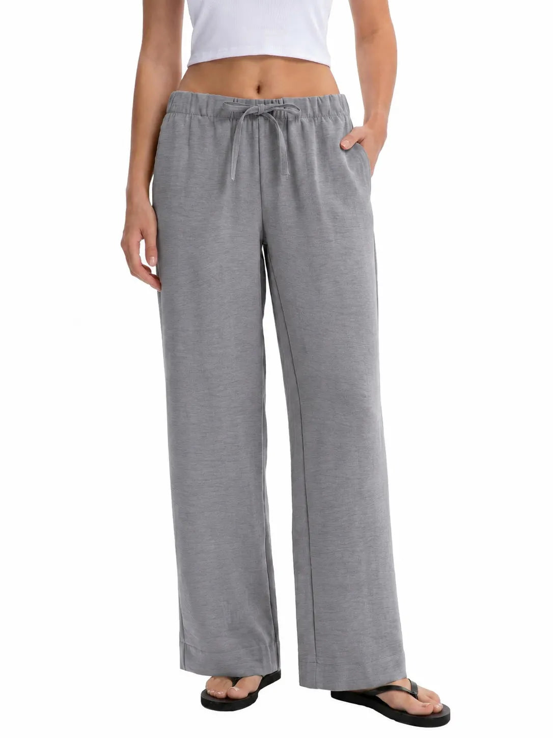 Drawstring Elastic Waist Wide Leg Casual Long Pants Solid Color Loose Trousers