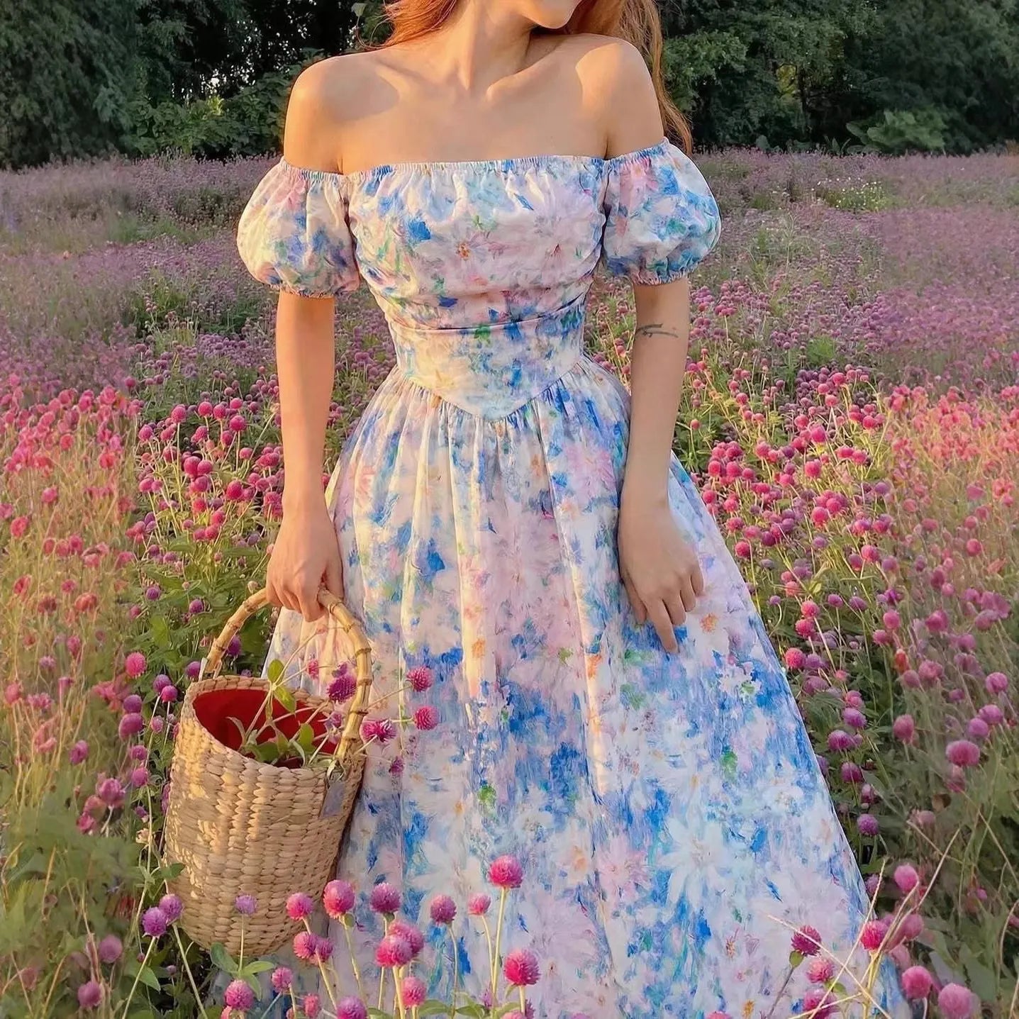 Floral Print Square Neck Off Shoulder Puff Short Sleeve High Waist A-Line Midi Dress