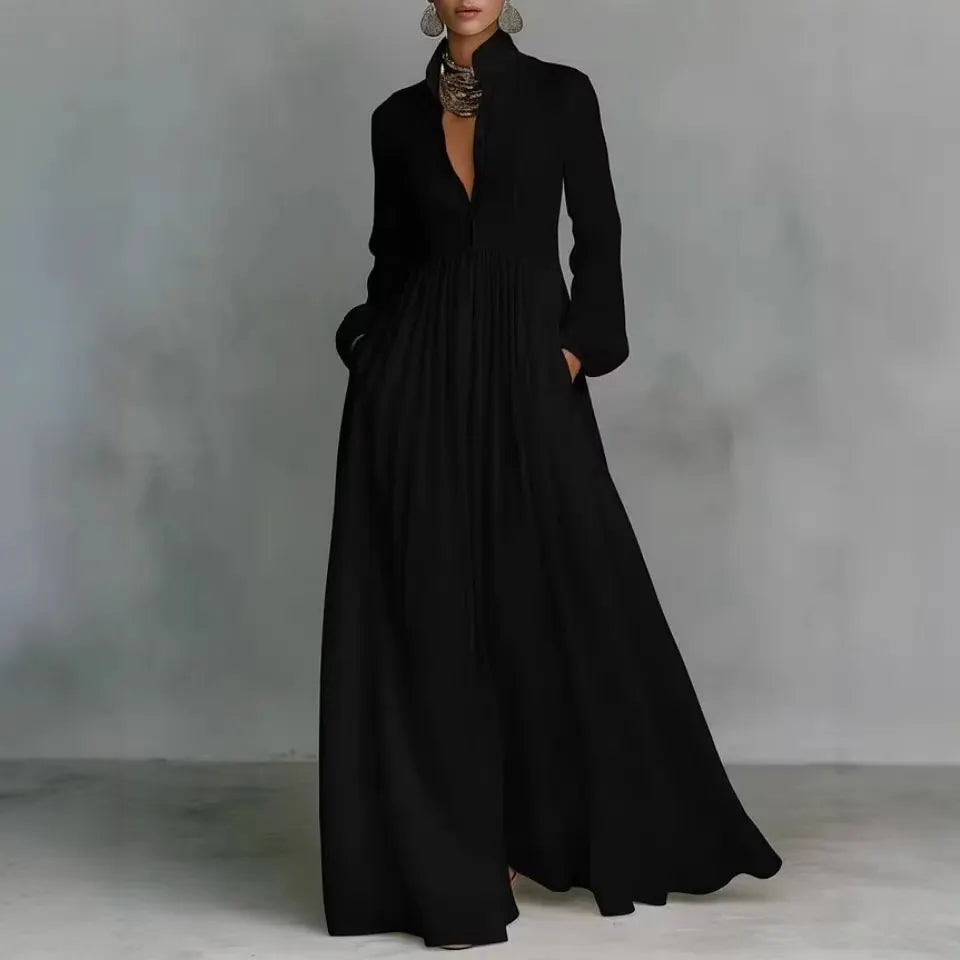 White Stand Collar Pleated Long Sleeve Maxi Shirt Dress