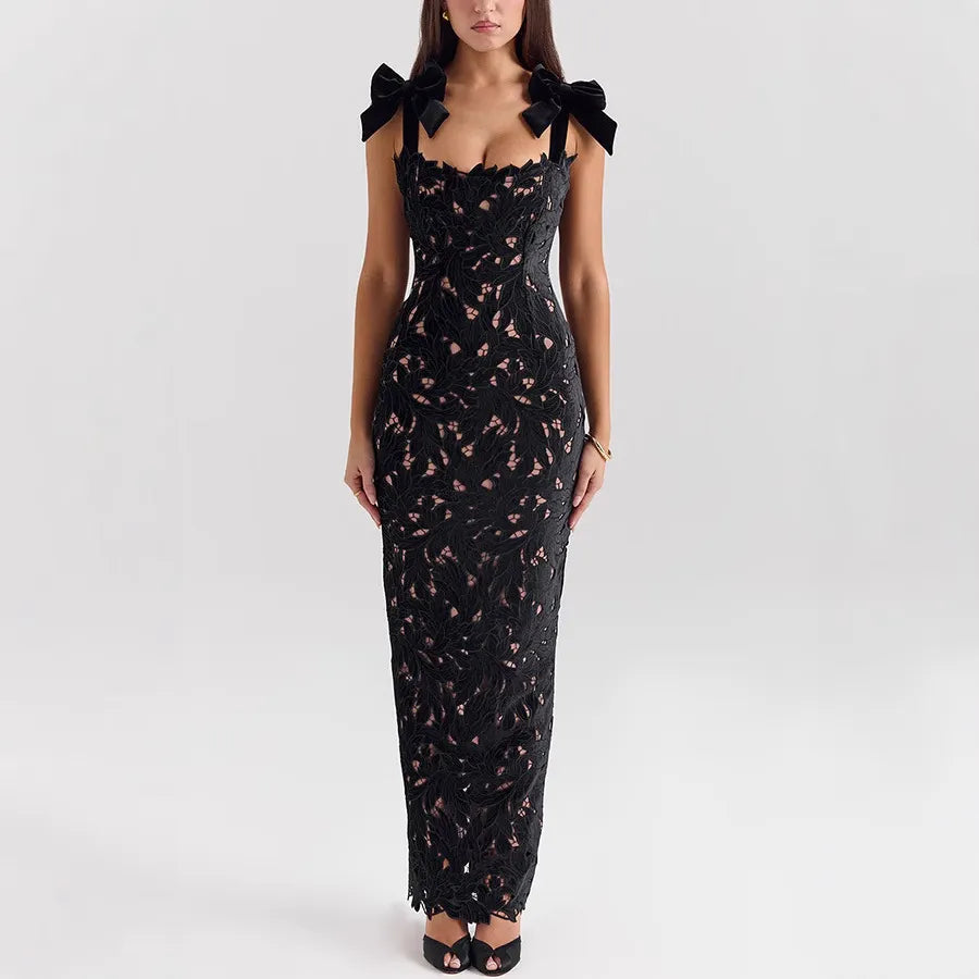 Lace Applique Bow Strap Bodycon Maxi Dress