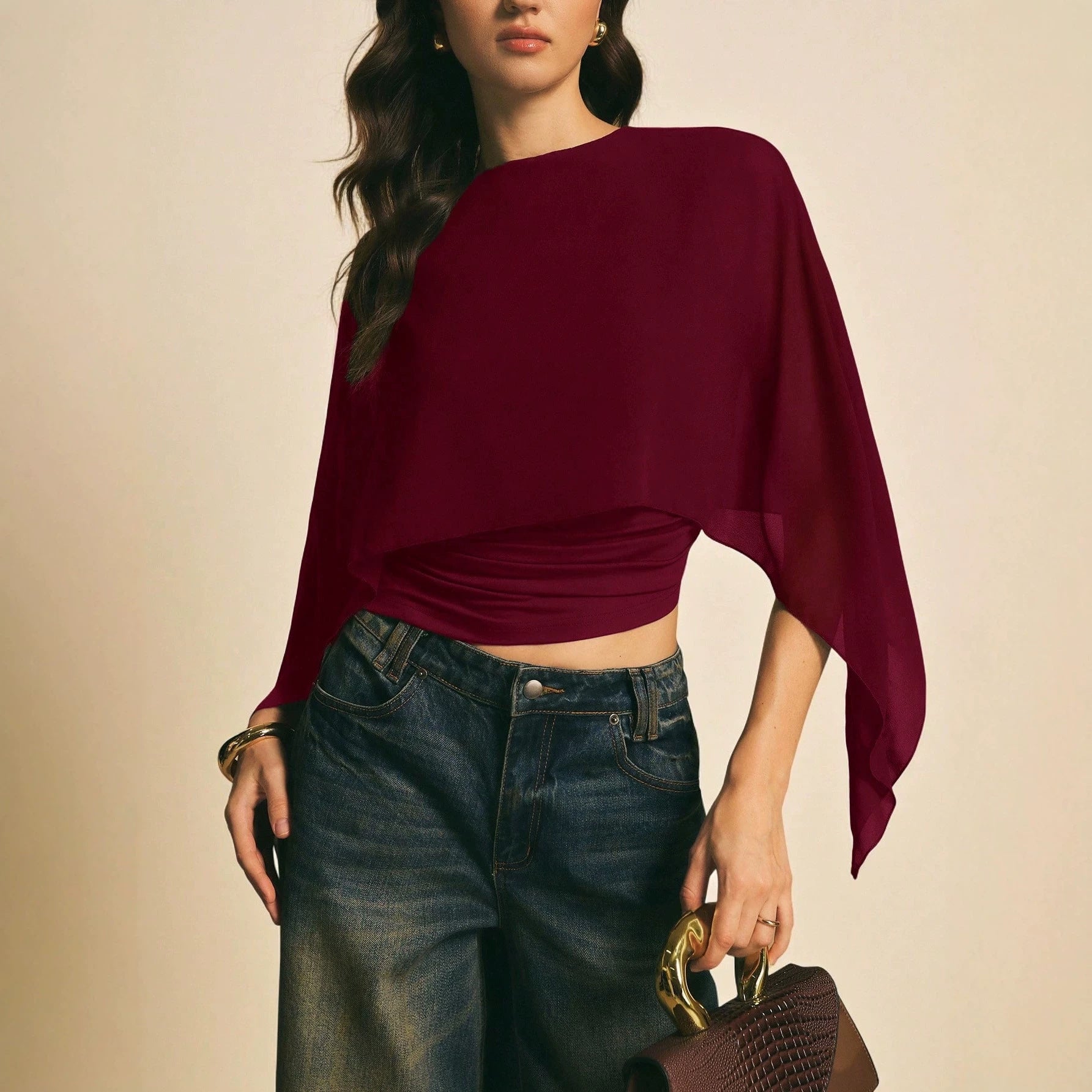 Elegant Two Piece Look Cape Sleeve Top, Asymmetric Hem Ruched Fitted Tee