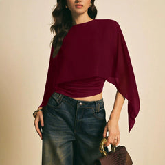 Elegant Two Piece Look Cape Sleeve Top, Asymmetric Hem Ruched Fitted Tee