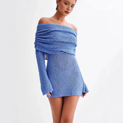 Blue Off-Shoulder Foldover Neck Mini Dress - Bell Sleeve Knit Bodycon Dress