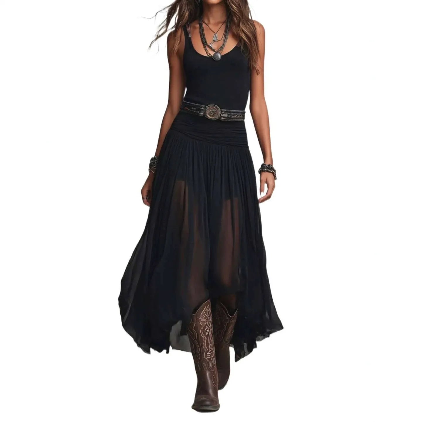 Solid Sleeveless Low Neck Mid Waist Mesh Spliced Irregular A-Line Maxi Dress