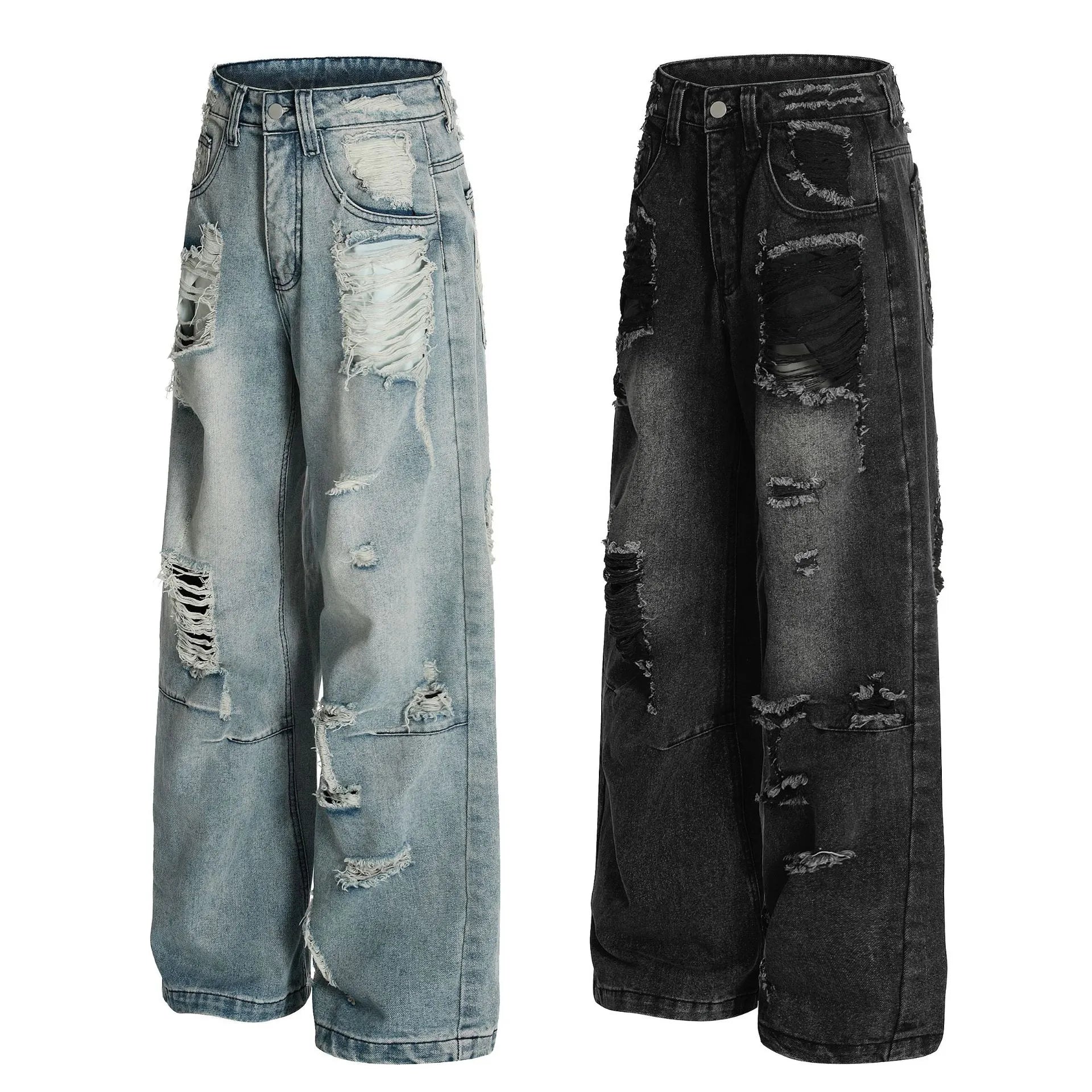 Mid Waist Non-Stretch Ripped Straight Denim Jeans