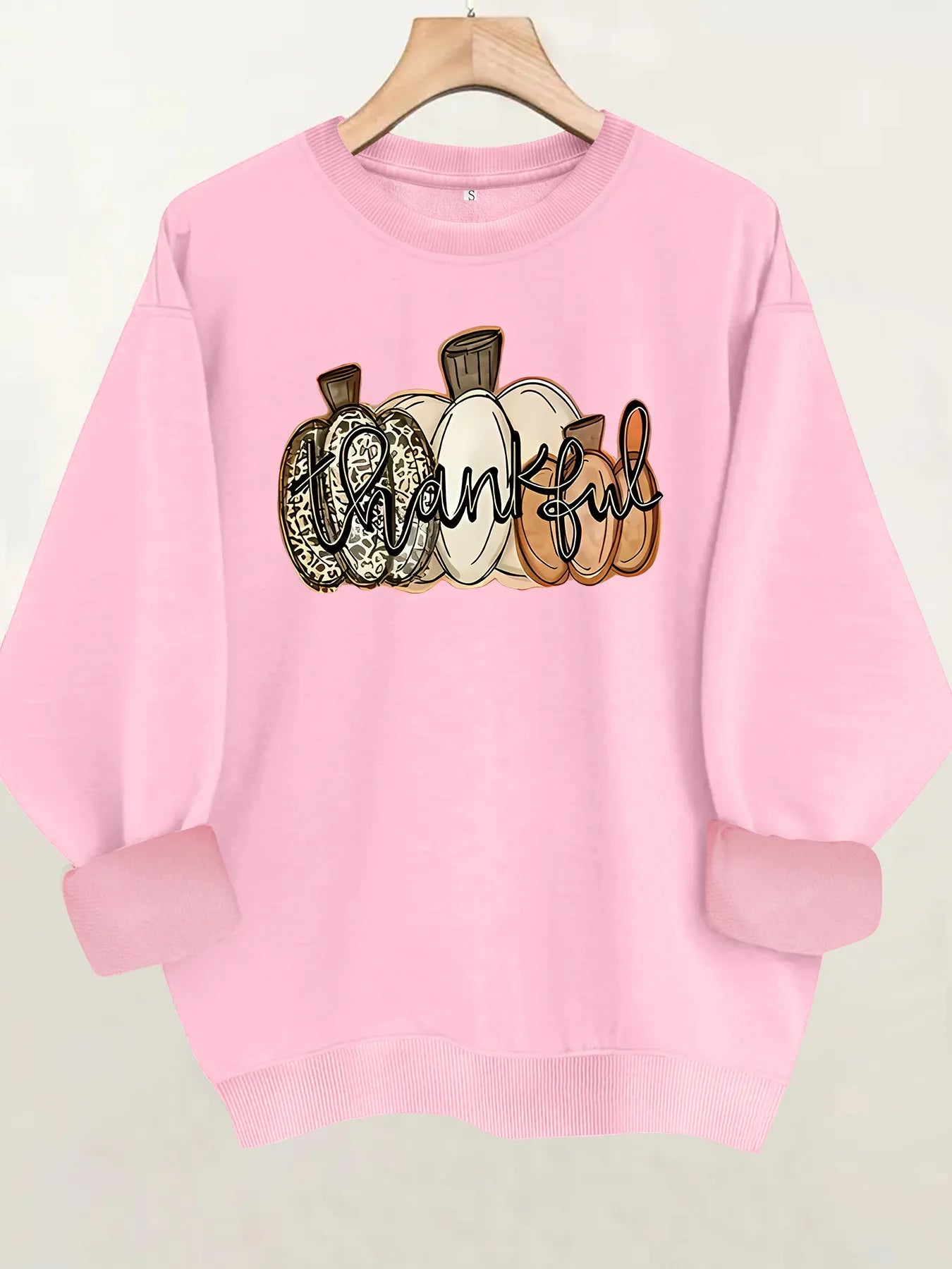 Halloween Thankful Pumpkin Print Round Neck Sweatshirt