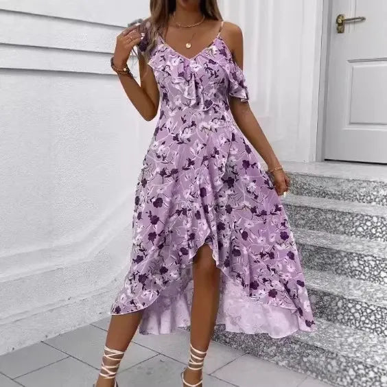 Floral Print V-Neck Cold Shoulder Ruffle Hem High Waist Maxi Dress