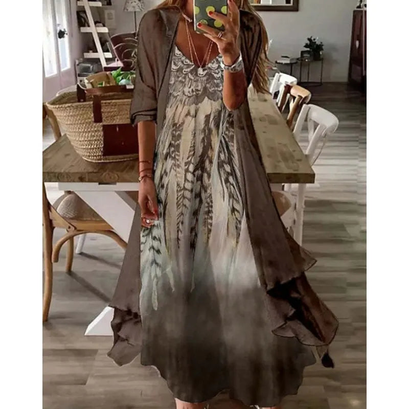 Printed V Neck Cami Long Dress