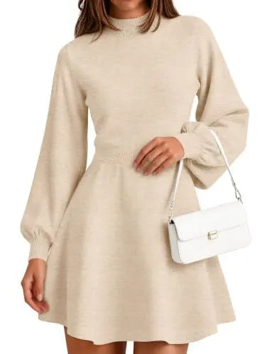 Elegant Mock Neck Knit Dress, Puff Sleeve A-line Mini Dress for Autumn Outfit