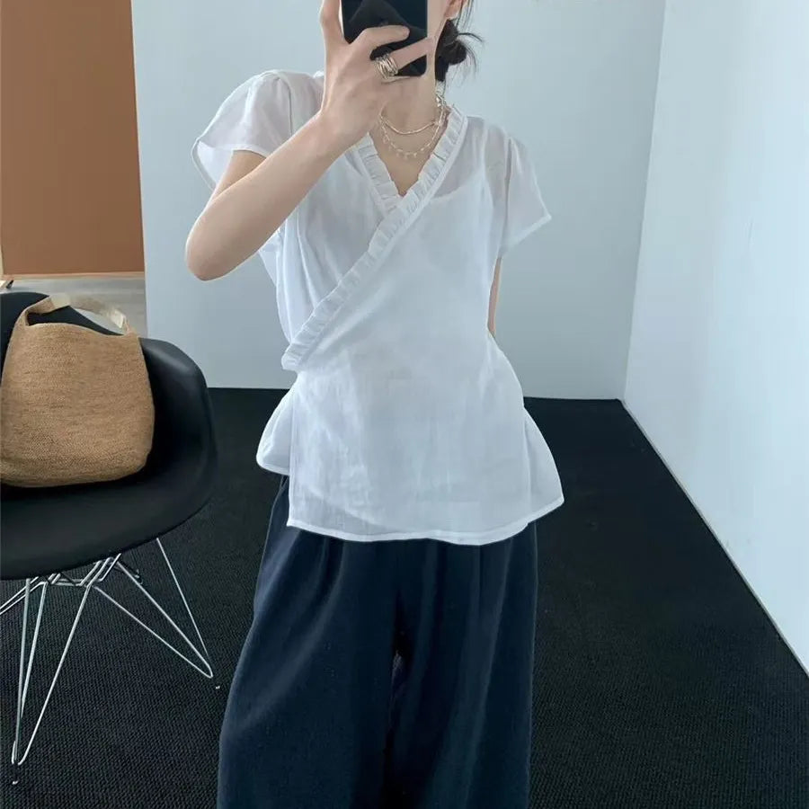 Ruffle Trim V Neck Wrap Front Solid Short Sleeve Minimalist Blouse