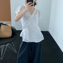 Ruffle Trim V Neck Wrap Front Solid Short Sleeve Minimalist Blouse