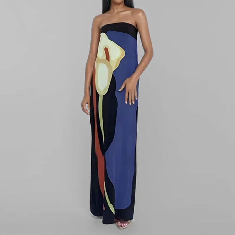 Calla Lily Print Strapless Straight Maxi Dress