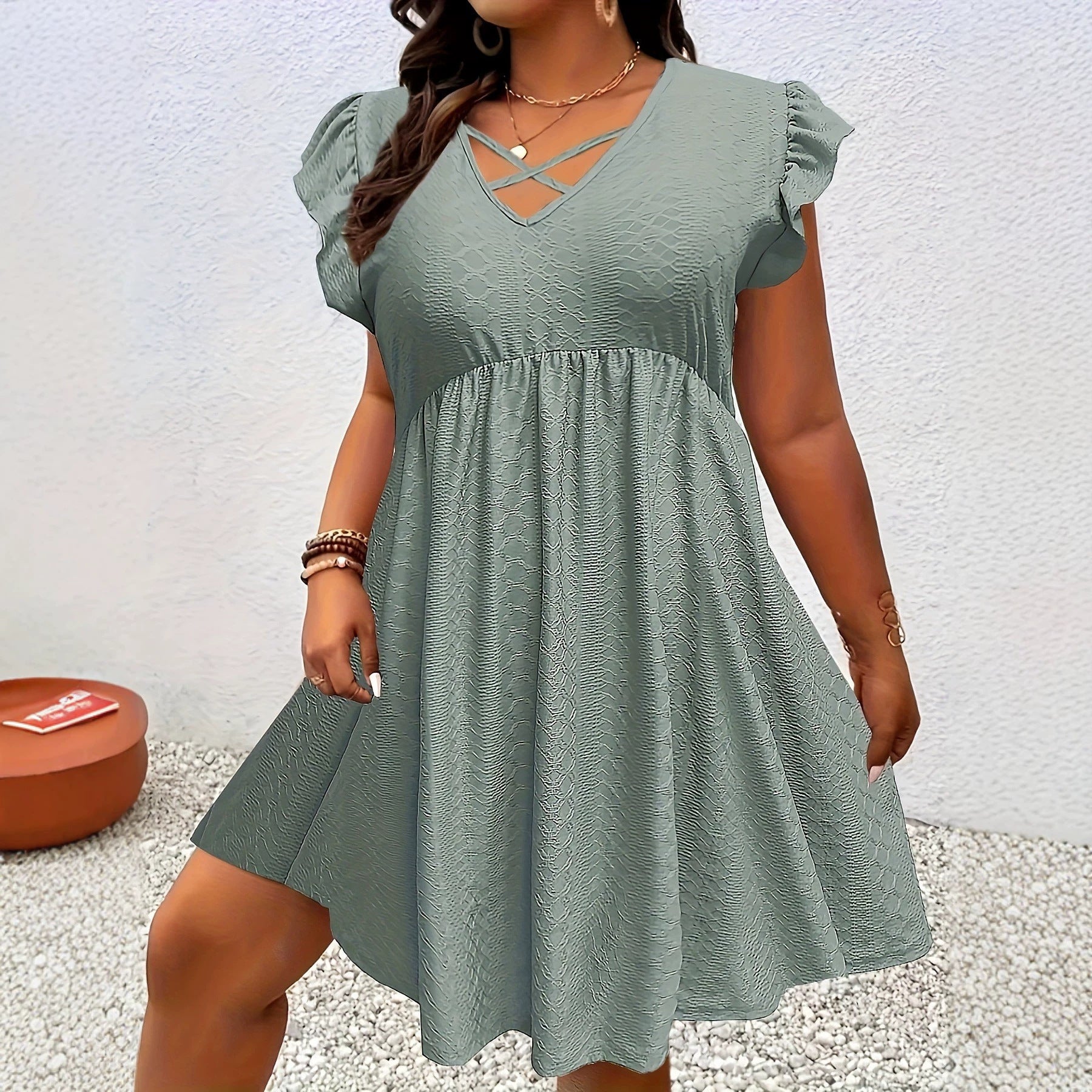 Burgundy V-Neck Ruffle-Sleeve A-Line Midi Dress