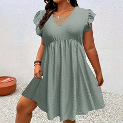 Burgundy V-Neck Ruffle-Sleeve A-Line Midi Dress