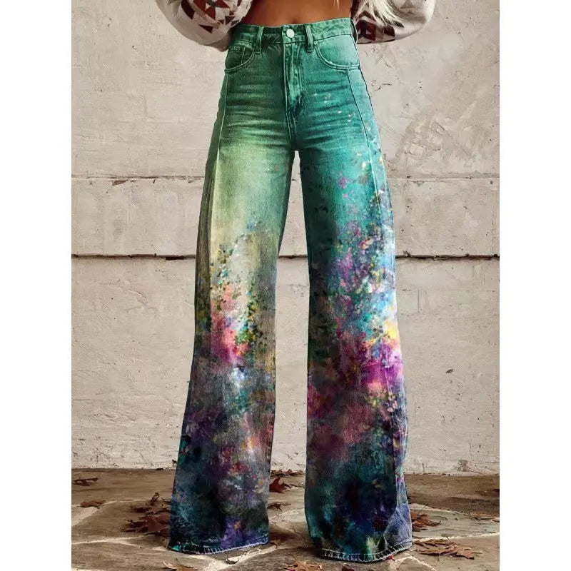 High Waist Western Cowboy Horse Print Wide Leg Pants