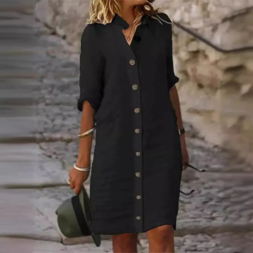 Cotton Linen Button-Front Shirt Dress
