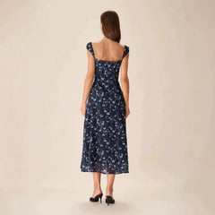 Sweetheart Cap Sleeve Allover Floral Print High Waist Split Midi Dress