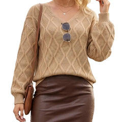 Terracotta V Neck Cable Knit Sweater Long Sleeve Loose Diamond Textured Pullover