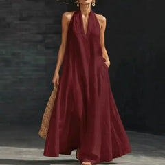 Solid Color Halter Neck A-Line Maxi Dress