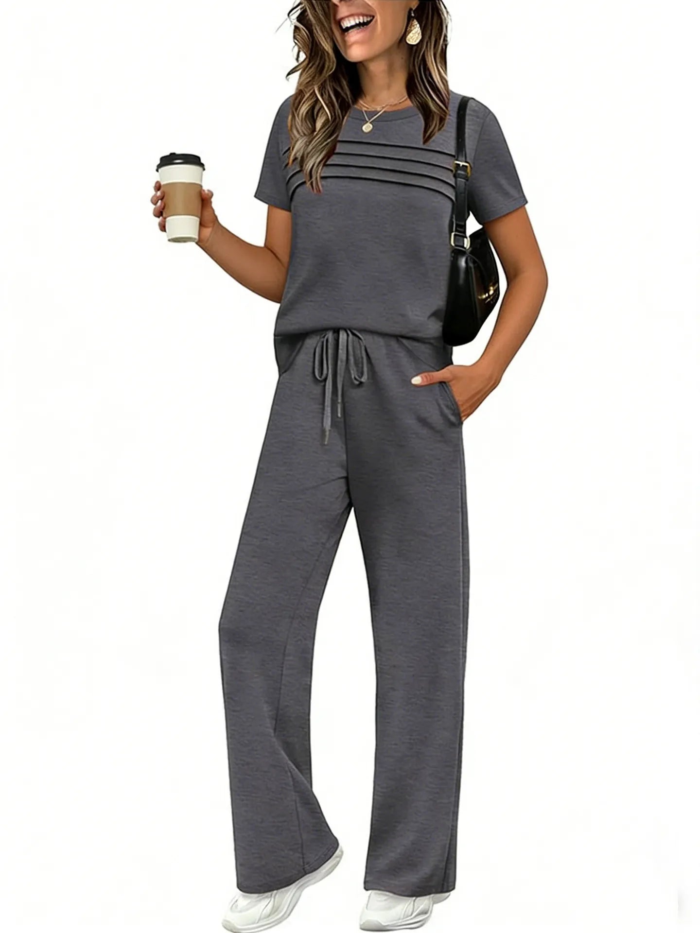 Short Sleeve Ruched Top & Drawstring Wide-Leg Pants Set