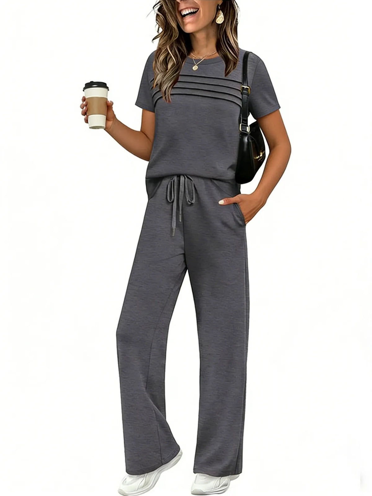 Short Sleeve Ruched Top & Drawstring Wide-Leg Pants Set