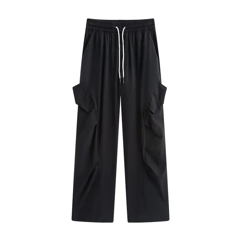 High Waist Drawstring Cargo Straight Casual Pants