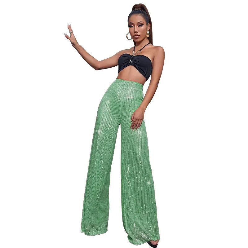 Sequin Stripe High Waist Wide Leg Pants