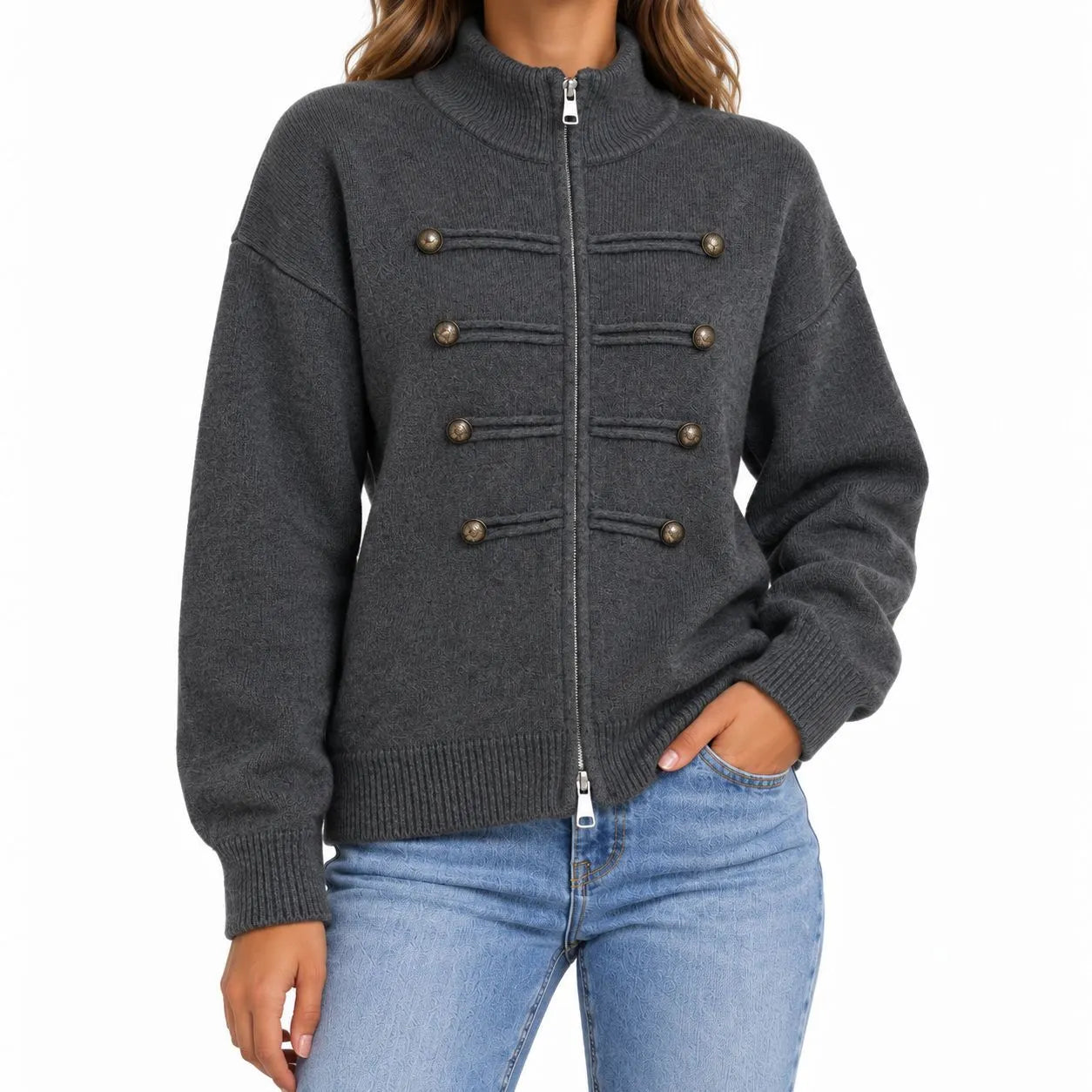Stand Collar Zip Up Knit Cardigan, Double Breasted Decorative Button Sweater Jacket
