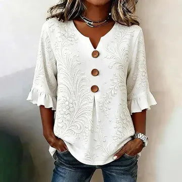 Round Neck Floral Printed Single Breasted 3/4 Ruffle Sleeve Loose Blouse