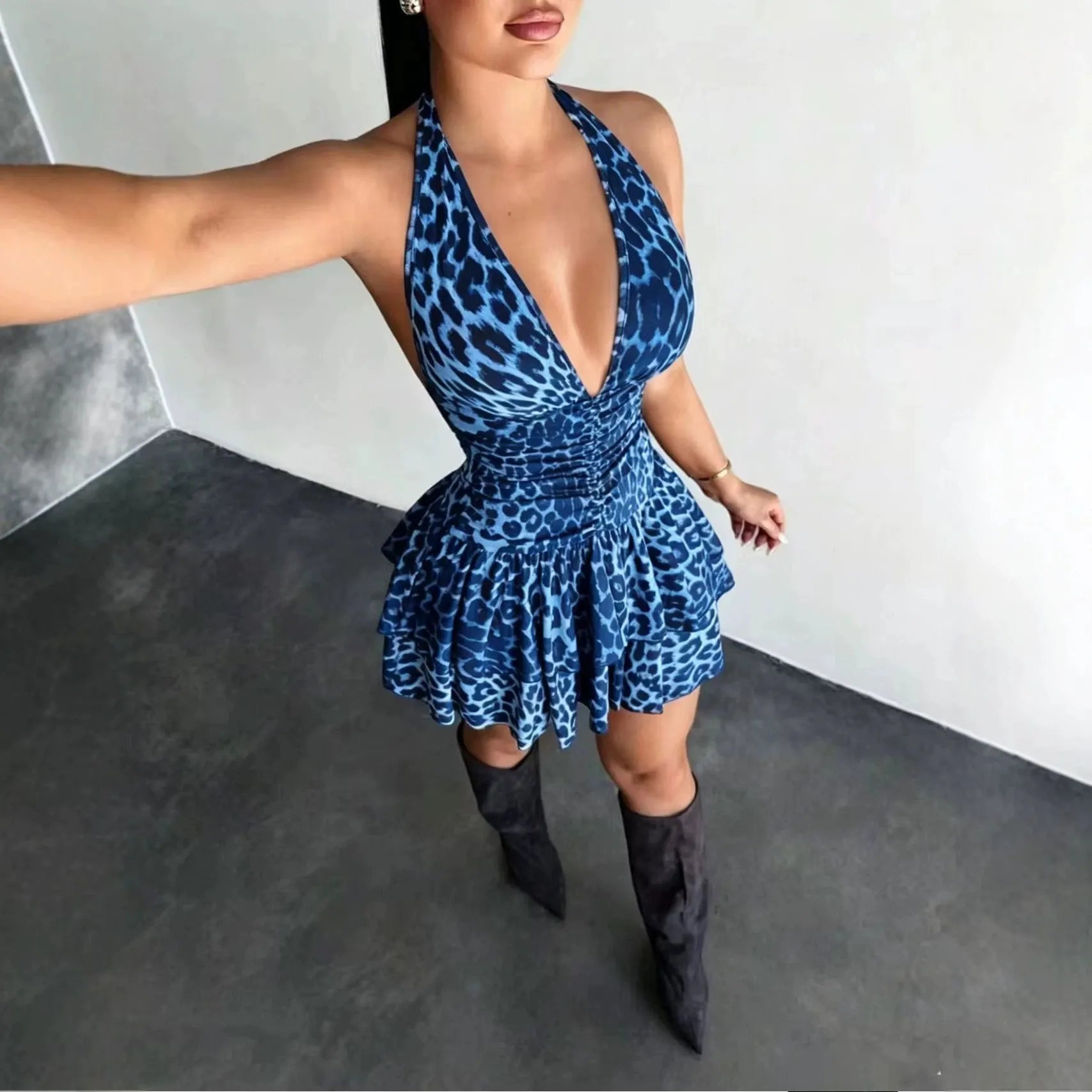 Leopard Print Deep V-Neck Halter Ruched Ruffle Mini Dress