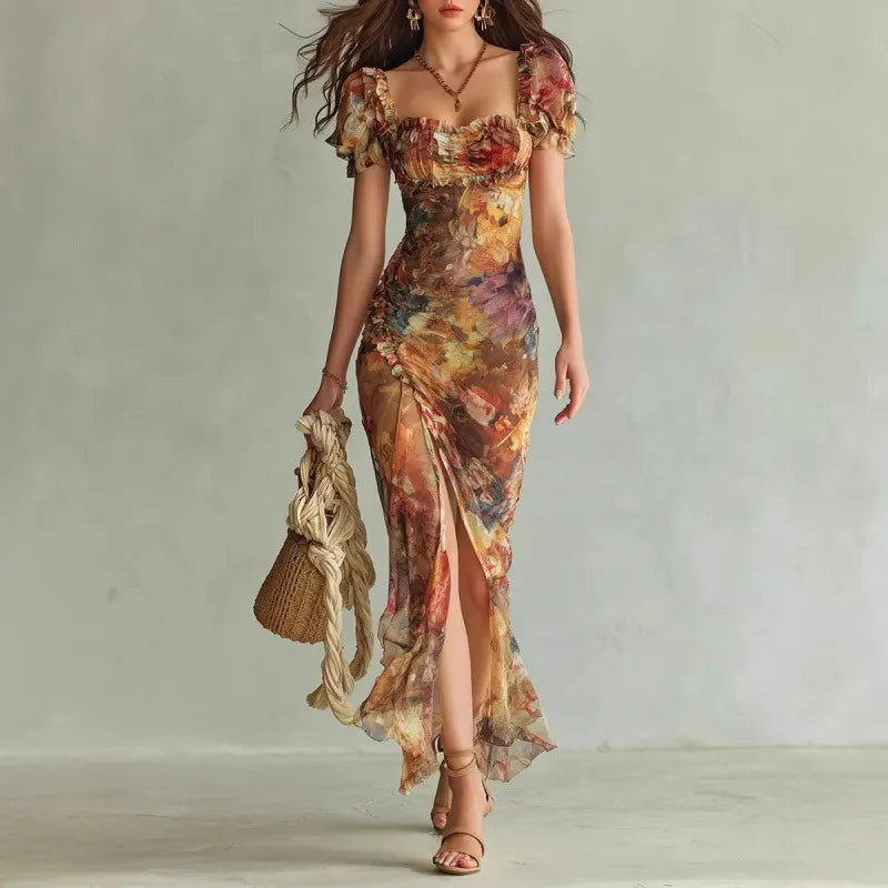 Floral Square Neck Puff Sleeve High-Slit Maxi Dress