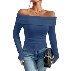 Off Shoulder Long Sleeve Slim Fit Solid Pullover Top